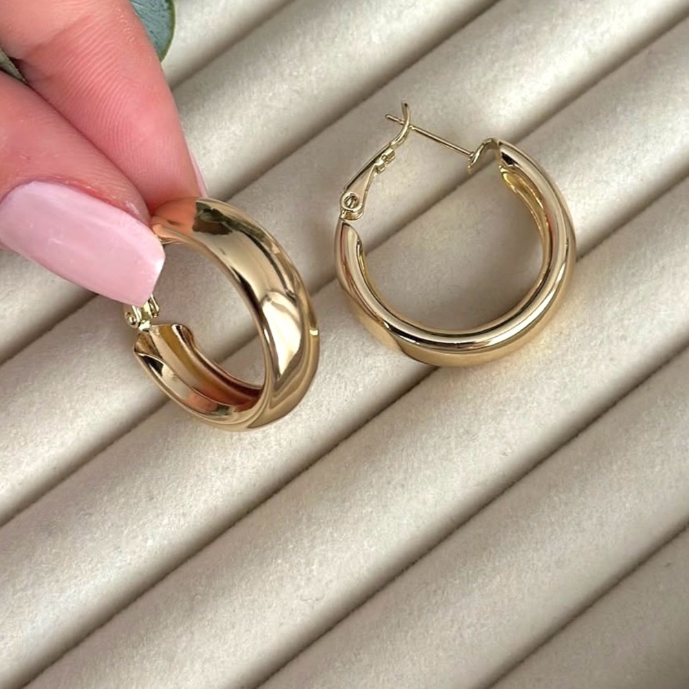 14K Gold Plated Thick Hoop Earrings Waterproof Tarnish Resistant Everyday Luxury